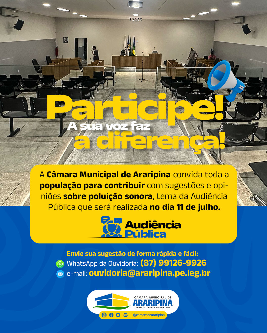 Câmara Municipal de Araripina convida população a enviar sugestões para audiência pública sobre poluição sonora